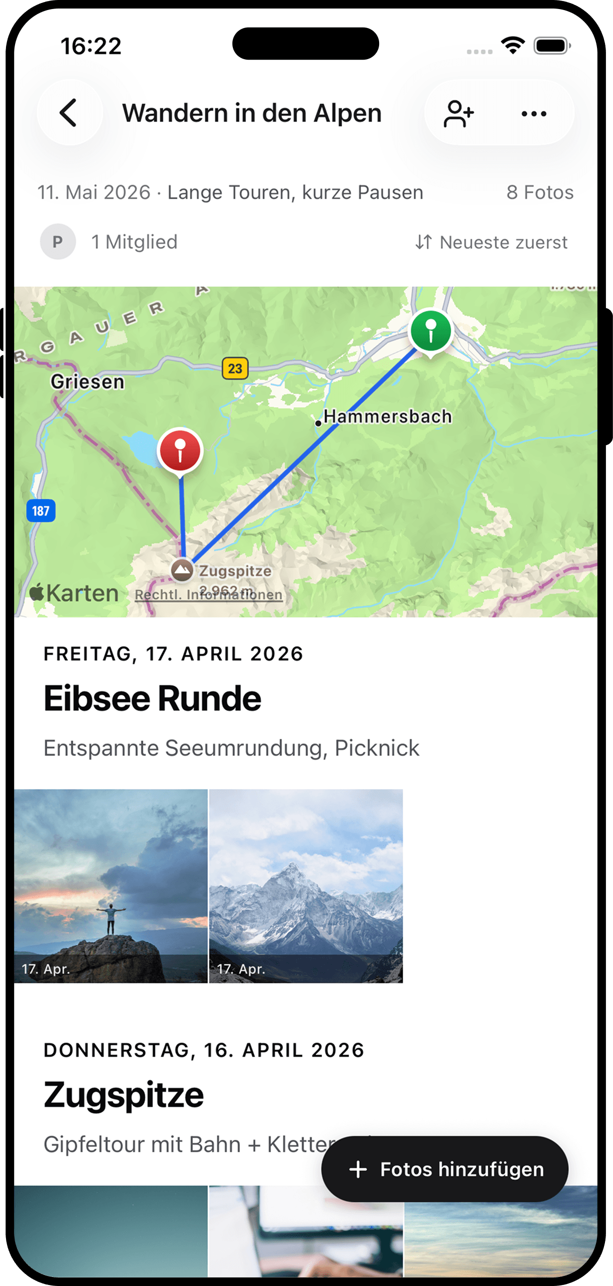 Knips Album einer Wanderung in den Alpen mit Karte und Foto-Zeitstrahl
