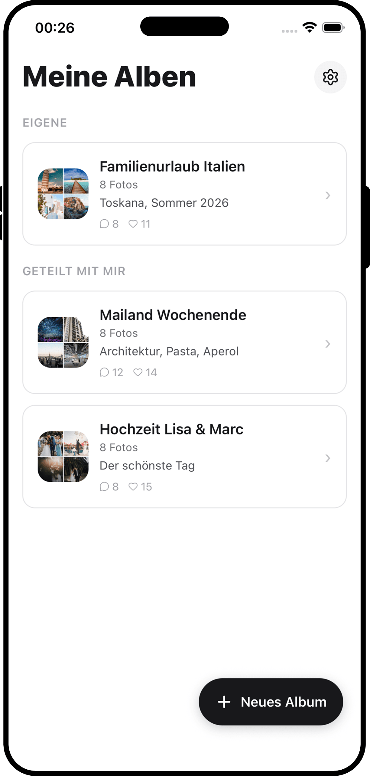 Knips App: Übersicht eigener und geteilter Fotoalben auf dem iPhone