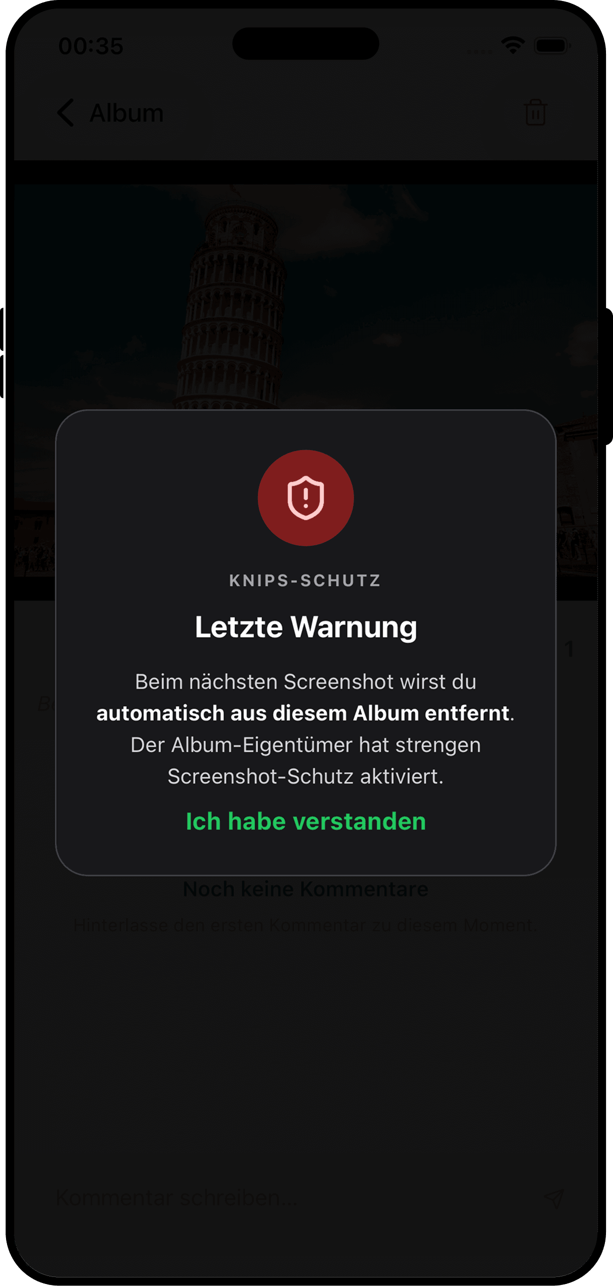 Knips Screenshot-Schutz mit Warnhinweis vor Entfernung aus dem Album