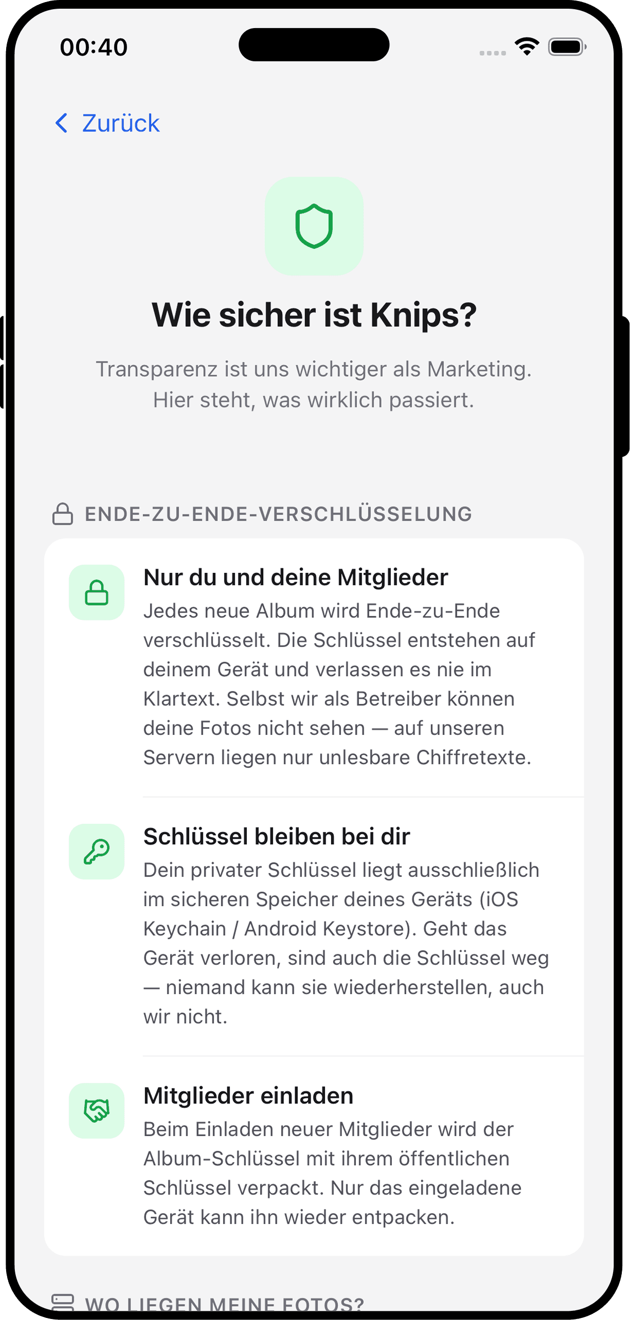 Knips Sicherheits-Erklärung: Ende-zu-Ende-Verschlüsselung, Schlüssel bleiben auf dem Gerät